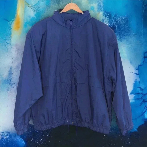 Vintage 90s Royal Blue Raincoat Windbreaker Hidden Hood Estimated L - Picture 1 of 9